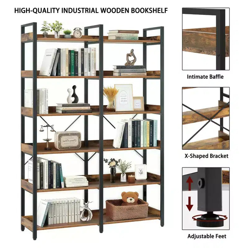 69 Bibliothèque industrielle à 6 niveaux, étagère ouverte en MDF marron + cadre en métal (rangement et présentation autoportants pour la maison/le bureau)
