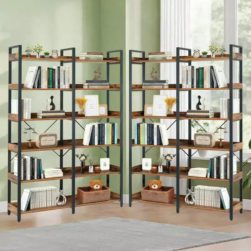 69 Bibliothèque industrielle à 6 niveaux, étagère ouverte en MDF marron + cadre en métal (rangement et présentation autoportants pour la maison/le bureau)