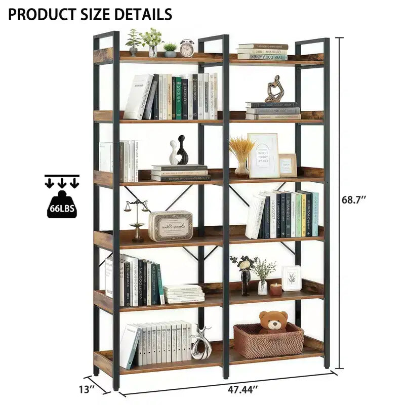 69 Bibliothèque industrielle à 6 niveaux, étagère ouverte en MDF marron + cadre en métal (rangement et présentation autoportants pour la maison/le bureau)