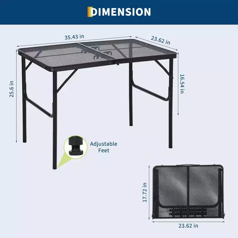 23,62 x 35,43 x 25,6 Table de cuisson pliante, Table de camping portable, Réglable en hauteur, pour camping en extérieur, barbecue, pique-nique, Noir