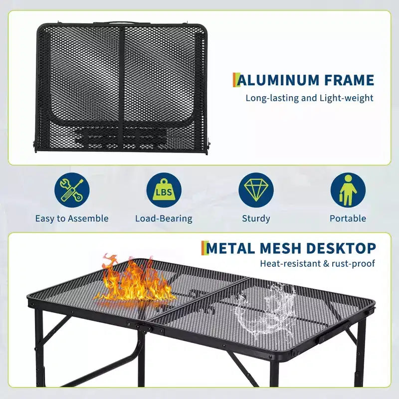 23,62 x 35,43 x 25,6 Table de cuisson pliante, Table de camping portable, Réglable en hauteur, pour camping en extérieur, barbecue, pique-nique, Noir