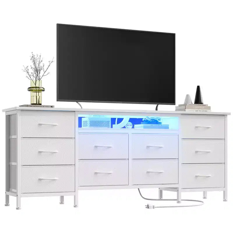 Commode noire de 160 cm de large avec 10 tiroirs en tissu, prise électrique intégrée, meuble de rangement moderne pour chambre et support TV pour vêtements et salon