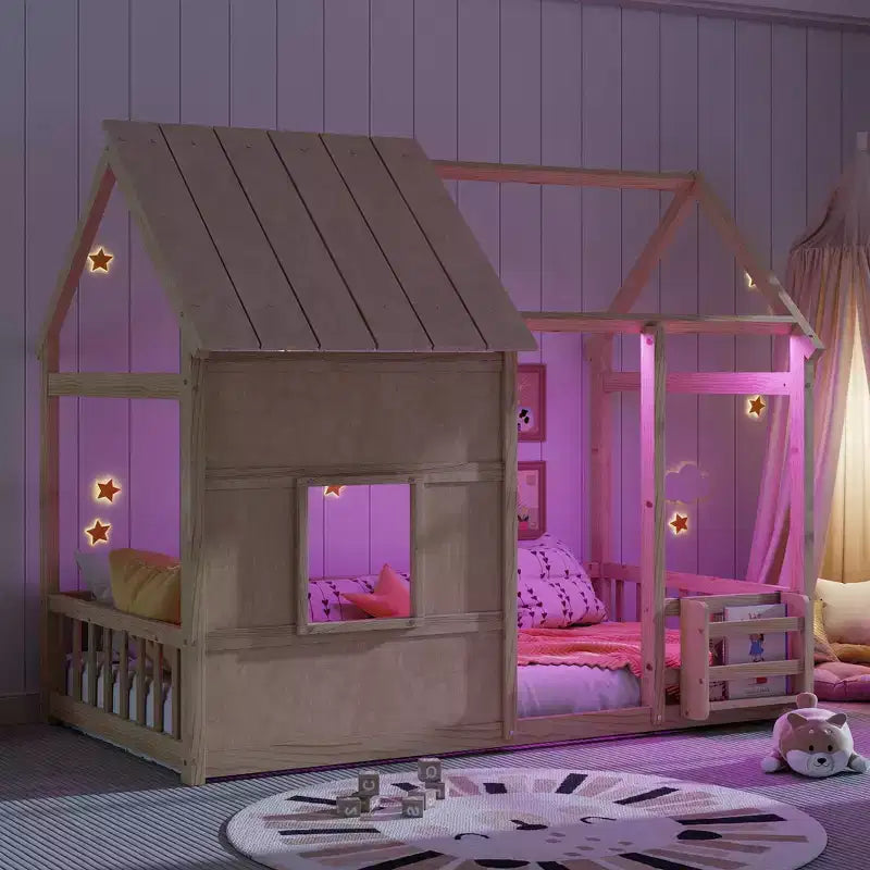 Lit cabane double de style ferme avec lumières LED 7 couleurs et barrières de sécurité