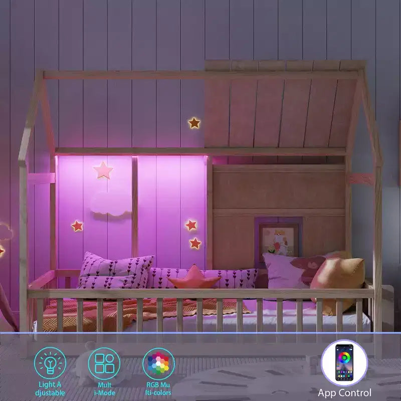Lit cabane double de style ferme avec lumières LED 7 couleurs et barrières de sécurité