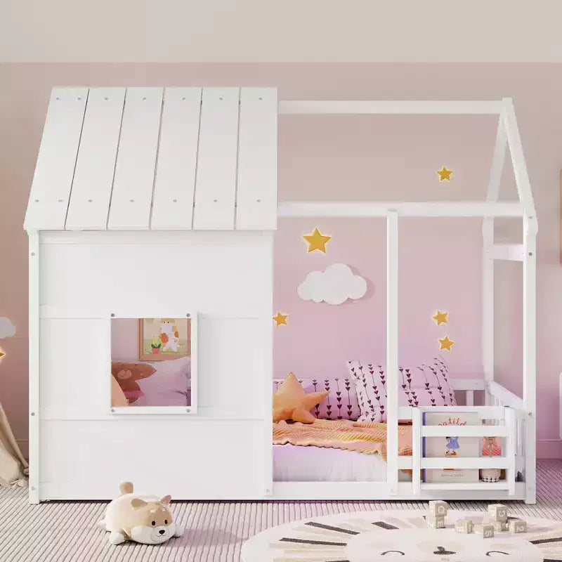 Lit cabane double de style ferme avec lumières LED 7 couleurs et barrières de sécurité