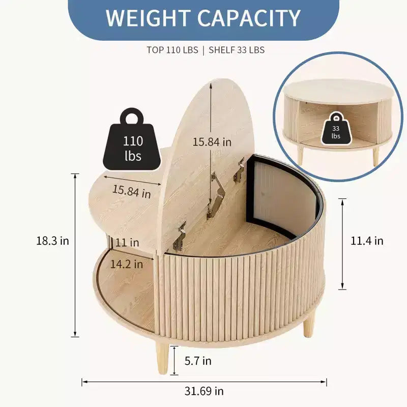 Table basse ronde relevable avec rangement, table d'appoint moderne de style campagnard en bois naturel pour salon, petits espaces