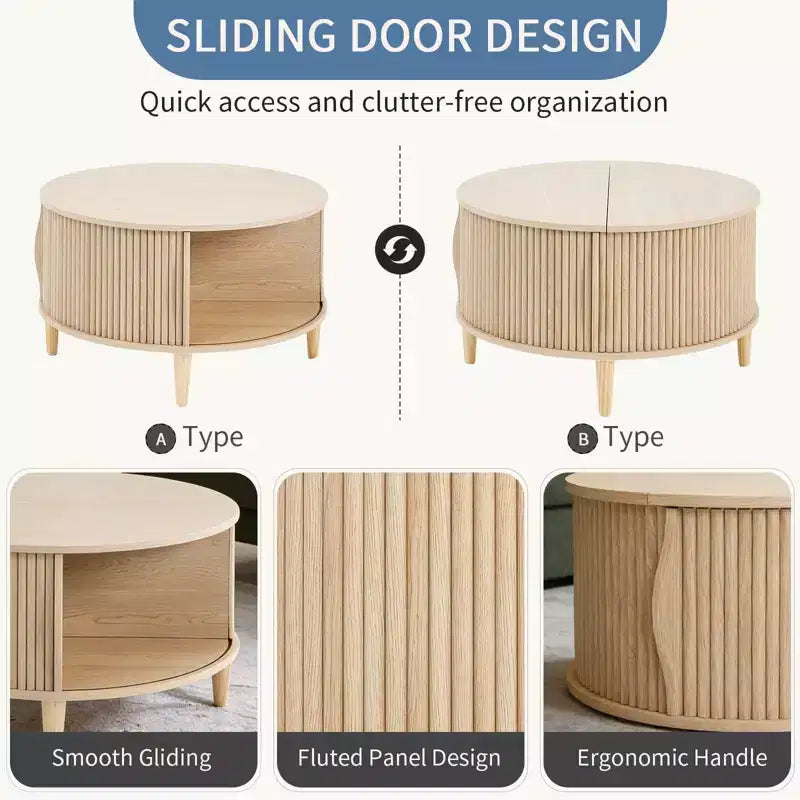 Table basse ronde relevable avec rangement, table d'appoint moderne de style campagnard en bois naturel pour salon, petits espaces