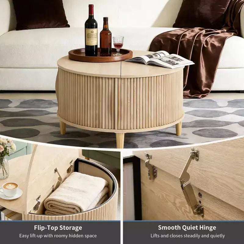 Table basse ronde relevable avec rangement, table d'appoint moderne de style campagnard en bois naturel pour salon, petits espaces