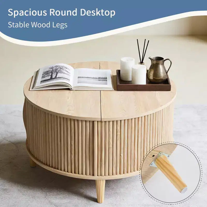 Table basse ronde relevable avec rangement, table d'appoint moderne de style campagnard en bois naturel pour salon, petits espaces