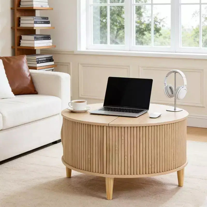 Table basse ronde relevable avec rangement, table d'appoint moderne de style campagnard en bois naturel pour salon, petits espaces