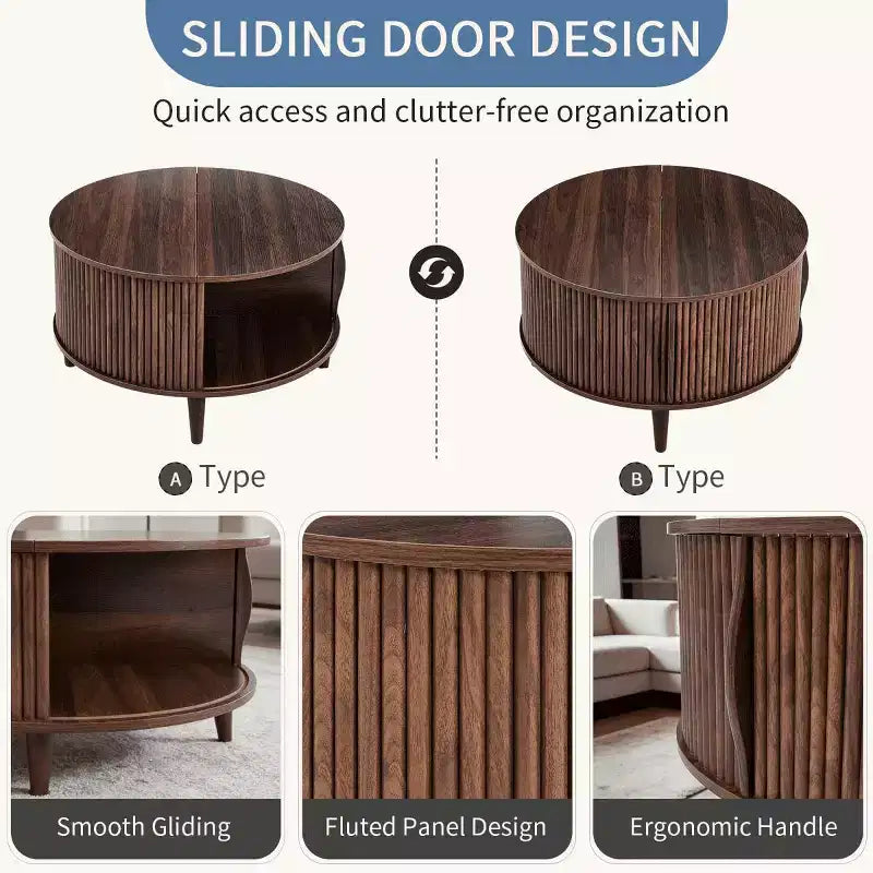Table basse ronde relevable avec rangement, table d'appoint moderne de style campagnard en bois naturel pour salon, petits espaces