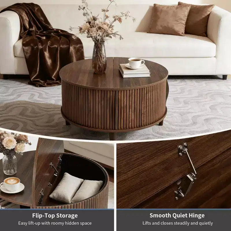Table basse ronde relevable avec rangement, table d'appoint moderne de style campagnard en bois naturel pour salon, petits espaces