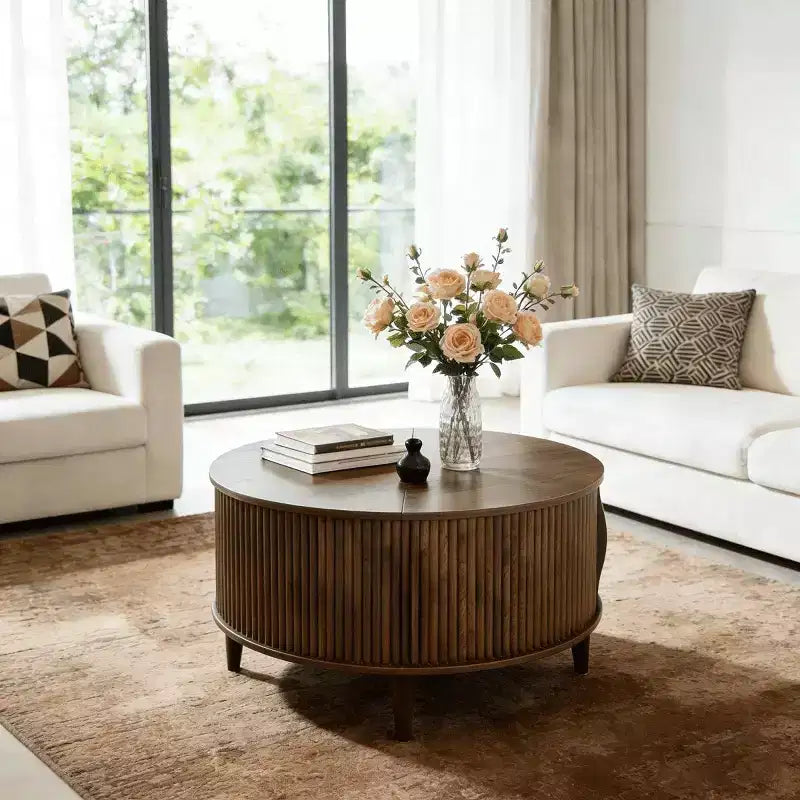Table basse ronde relevable avec rangement, table d'appoint moderne de style campagnard en bois naturel pour salon, petits espaces