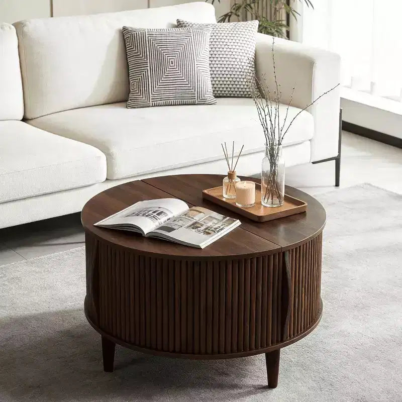 Table basse ronde relevable avec rangement, table d'appoint moderne de style campagnard en bois naturel pour salon, petits espaces