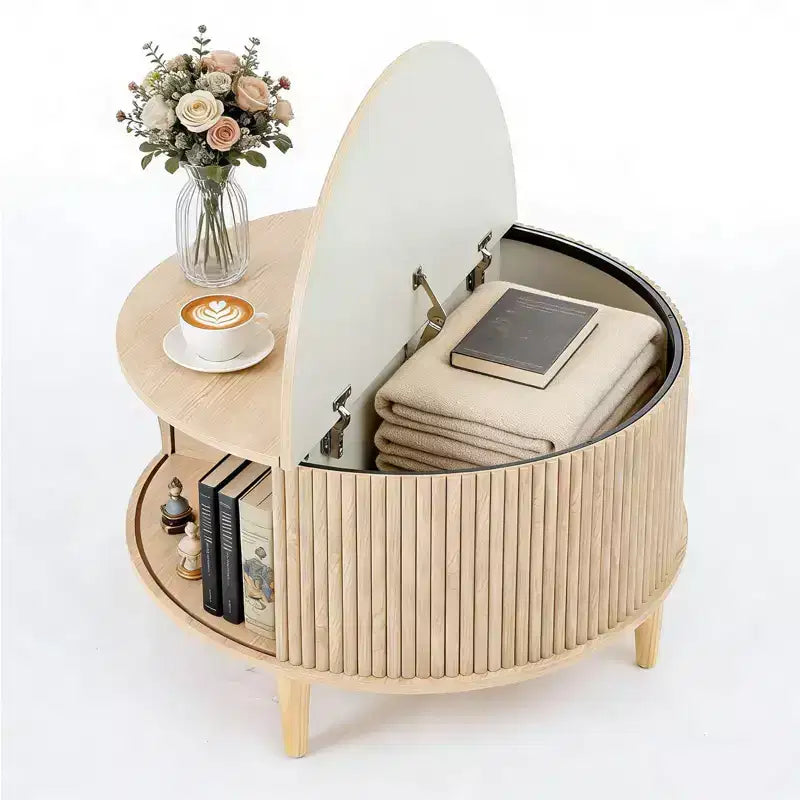 Table basse ronde relevable avec rangement, table d'appoint moderne de style campagnard en bois naturel pour salon, petits espaces
