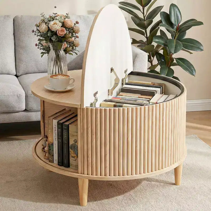 Table basse ronde relevable avec rangement, table d'appoint moderne de style campagnard en bois naturel pour salon, petits espaces