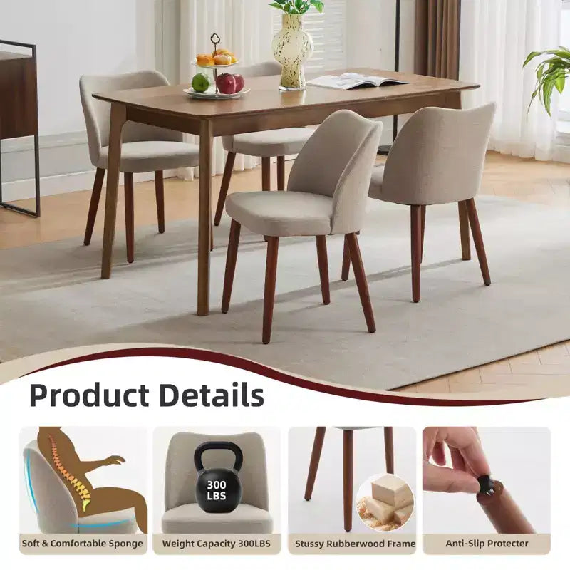 Chaises de salle à manger modernes avec dossier à oreilles, chaises de cuisine en lin tapissées avec coussins épais, dossier haut ergonomique et pieds en bois d'hévéa